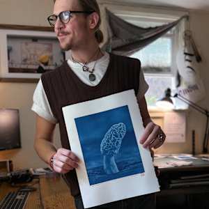 Kansas Morel #3 - Cyanotype by Townsend Studio | Luke B Townsend  Image: Artist, Luke B. Townsend, holding a cyanotype print of his Kansas Morel #3.