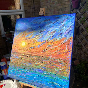 Sunset symphony, a dance of colours by Annabelle Volpi  Image: Sun reflecting on the painting 🌞