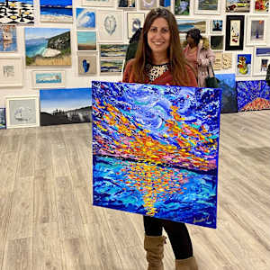 Sunset :  "Luminous Dance Between Fire and Water" by Annabelle Volpi  Image: At the gallery in Putney 