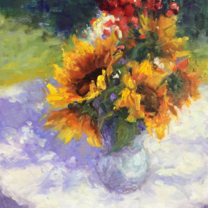 Sunflowers and Geraniums  by Ginny Butcher