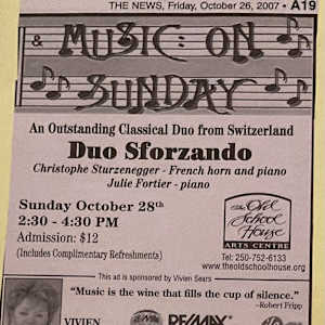 Music on Sunday - Duo Sforzando Oct 2007 by Christophe Sturzenegger, Julie Fortier