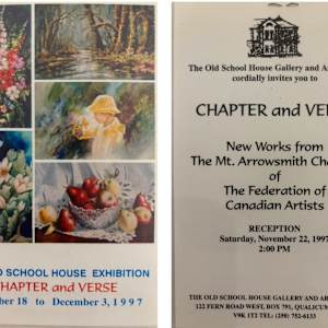 Exhibitions January to December- 1997 by Larry Aguilar, Wanda Ashmore, Mary Leigh Campbell, Wayne Clarke, Don Emerson, Ken Flett, Doug Folkins, Connie Geerts, Lynsey Gibbons, John Gillespie, Dan Gray, Tim Haley, Jane Hamilton-khaan, Gerda Hoffman, Walter Hughes, Bob Hunt, Gordon Hutchens, Michael Jestico, Ted Jolda, Jason Marlow, Francois Mongeau, Lynn Orriss, Pauline Pike, Kevin Pollard-Wright, Sandy Richardson, Cheryl Rimmer, Jim Roscoe, Patricia Seltzer, Sheila Steele, Marguerite Stevens, Elaine Thompson, Elena Travanut, Anne Marie Veale, Pat Wehrman, Oleg A. Minin, Lindy Michie, John Parry, June Boggs, Lynne Johnson, Annie MacGillivray, Sue Taylor  Image: Chapter and Verse