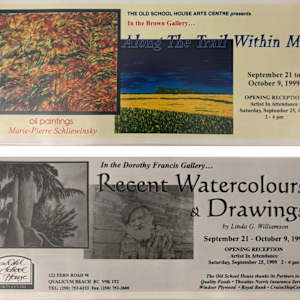 Exhibitions 1999- January to October by Leslie Allen, William Allister, Des Bevis, Eileen Fong, Dan Gray, Gerda Hoffman, Pat Holland, Pauline Pike, Peter Shostak, Bill Townsend, Jan Williamson-Henwood, Bruce deNorburn Watson, Karen Hunter, Marjorie Baskerville, Carol Wylie, Marjorie Young, Jonathon Grant, Craig Benson, Mark Hobson, Bruce Johnson, Will Julsing, Joyce Kamikura, Tom Lamont, John Ludgate, Christy Mitchell, Dorset Norwich-Young, Tracy Kobus, Jasmine Wallace, Martin Schaddelee, Mid Island floral Arts Club, Wai-Hin Law, Fred Peters, Gary Cherneff, Frank Gough, Marie-Pierre Schliewinsky, Esther R. Drone, Ev Gregory, Linda Williamson, Darlene Campbell  Image: Along the Trail Within Me