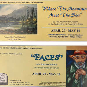 Exhibitions 1999- January to October by Leslie Allen, William Allister, Des Bevis, Eileen Fong, Dan Gray, Gerda Hoffman, Pat Holland, Pauline Pike, Peter Shostak, Bill Townsend, Jan Williamson-Henwood, Bruce deNorburn Watson, Karen Hunter, Marjorie Baskerville, Carol Wylie, Marjorie Young, Jonathon Grant, Craig Benson, Mark Hobson, Bruce Johnson, Will Julsing, Joyce Kamikura, Tom Lamont, John Ludgate, Christy Mitchell, Dorset Norwich-Young, Tracy Kobus, Jasmine Wallace, Martin Schaddelee, Mid Island floral Arts Club, Wai-Hin Law, Fred Peters, Gary Cherneff, Frank Gough, Marie-Pierre Schliewinsky, Esther R. Drone, Ev Gregory, Linda Williamson, Darlene Campbell  Image: Faces, Where the Mountains Meet the Sea