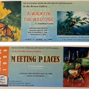 Exhibitions 1999- January to October by Leslie Allen, William Allister, Des Bevis, Eileen Fong, Dan Gray, Gerda Hoffman, Pat Holland, Pauline Pike, Peter Shostak, Bill Townsend, Jan Williamson-Henwood, Bruce deNorburn Watson, Karen Hunter, Marjorie Baskerville, Carol Wylie, Marjorie Young, Jonathon Grant, Craig Benson, Mark Hobson, Bruce Johnson, Will Julsing, Joyce Kamikura, Tom Lamont, John Ludgate, Christy Mitchell, Dorset Norwich-Young, Tracy Kobus, Jasmine Wallace, Martin Schaddelee, Mid Island floral Arts Club, Wai-Hin Law, Fred Peters, Gary Cherneff, Frank Gough, Marie-Pierre Schliewinsky, Esther R. Drone, Ev Gregory, Linda Williamson, Darlene Campbell  Image: Meeting Places, A Walk on the Wildside