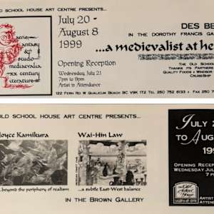 Exhibitions 1999- January to October by Leslie Allen, William Allister, Des Bevis, Eileen Fong, Dan Gray, Gerda Hoffman, Pat Holland, Pauline Pike, Peter Shostak, Bill Townsend, Jan Williamson-Henwood, Bruce deNorburn Watson, Karen Hunter, Marjorie Baskerville, Carol Wylie, Marjorie Young, Jonathon Grant, Craig Benson, Mark Hobson, Bruce Johnson, Will Julsing, Joyce Kamikura, Tom Lamont, John Ludgate, Christy Mitchell, Dorset Norwich-Young, Tracy Kobus, Jasmine Wallace, Martin Schaddelee, Mid Island floral Arts Club, Wai-Hin Law, Fred Peters, Gary Cherneff, Frank Gough, Marie-Pierre Schliewinsky, Esther R. Drone, Ev Gregory, Linda Williamson, Darlene Campbell  Image: ... a medievalist at heart, ... beyond the periphery of realism, ... a subtle East-West balance