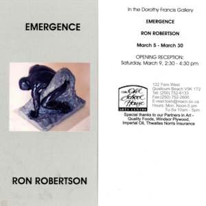 Exhibitions 2002- January to November by Mid Island floral Arts Club, Stan Kenton Orchestra, Charlotte Campbell, Mary Leigh Campbell, Chris Carter, Ted Jolda, Jason Marlow, Maureen Marshall, Carmen Mongeau, Patricia Nelson, Lynn Orriss, Ruth Quinlan, John Quinlan,, Jonathan Rout, Nicholas Pearce, Gina Harris, Ron Robertson, Miyuki Shinkai, Shane Brandel, Willie Seo, Evelyn Seo, George Setterfield, Carol Slater, Graham Wallace, Don White, Jennifer Judge, Marion Espin, Qualicum Weavers and spinners Guild, Nanoose Weavers and Spinners Guild, Thursday Spinners, Mount Arrowsmith Needle Arts guild, Lily Bohlin  Image: Emergence