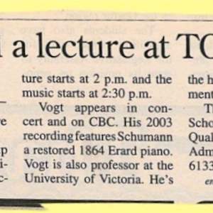 Music and lecture at TOSH- News clipping 2007 by Bruce Vogt, Robert Schumann