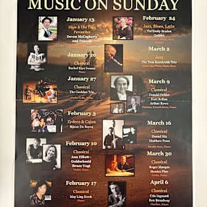 Music on Sundays Winter 2007-2017 by Miranda Sage Trio, Buff Allen, Shika Card, Penny Clarke, Michelle Cox, Pablo Diemecke, Adam Dobres, Ron Hadley, May Ling Kwok, Josh Layne, Elissa Poole, Miranda Sage, Jennifer Scott, Boris Sichon, Roy Styffe, Lisa Tahara, Toshiko Tampo, Bruce Vogt, Muriel Wellwood, Tony Wilson, Rene Worst, Dave Young, Bijoux du Bayou, Erik Abbink, Tom Ackerman, Laura Backstrom, Tony Booker, Borgy Borgerson, Emily Braden, Ken Broadway, Kenneth Broadway, Mary Byrne, Ann Elliot-Goldschmid, Karen Enns, Brenda Fedoruk, Jane Hayes, Liam Hockley, Francois Houle, Cris Inguanti, Rachel Iwaasa, Rachel Kiyo Iwaasa, Daryl Jahnke, Tom Keenlyside, Kurt Kellan, Rick Kilburn, Alexandria Le, Ken Lister, Roger Mangas, Michelle Mares, Devon McCagherty, Nick McGowan, Mark McGregor, Mark McGregor, Pat Milano, Julian Milkis, Lorraine Min, Daniel Nix, Donald Oehler, Alex Olson, Heather Pawsey, Monica Pfau, Alexandra Pohran-Dawkins, Mathew Poon, Matthew Poon, Kate Rhodes, Michelle Richard, Kara Routley, Arthur Rowe, Eugene Skovirodnikov, Joey Smith, Sharon Stanis, Wendy Stofer, Nola Strand, Ross Taggart, Avan Yu, Tom Colclough, Jamie Croil, Sara Davis Buechner, Bill Hicks, Victor Kuleshov, Anna Levy, Diane Lines, Susan Pascal, Clare Yuan, Frances Armstrong, Allison Au, Tina Chang, Alexander Dawkins, Rebecca Hissen, Kristin Hoff, Antione Joubert, May-Ling Kwok, Hugues Leclere, Pierre-Andre Doucet, Vince Mai, Scott Meek, Geronimo Mendoza, Becky Noble, Emily Yu, Sara Airoldi, Dale Barltrop, Patricia De Gabrielle, Patrick De Gabrielle, Massimo Folliero, Grace Huang, Michael Jones, Maureen Washington, Nicholas Wright, Sarah Tradewell, Mark Anderson, Jadon Cutmore, Aliayta Goon-dancoes, Marco Grieco, Jenny Gunter, Pamela Highbaugh Aloni, Robert Holliston, Louise Hung, Rebecca Kilgore, Andrea L’Heureux, Vivian Lou, Rosemary O’Connor, Charlie Porter, Reginald Quiring, Craig Scott, Rick Scott, Sherri Ulrich, Anna Vavilova, Antoine Joubert, Suzanne, Stephanie Bell, Evelyn Brendon, Alexander Dunn, Sarah Fryer, Ivonne Hernandez, Michael Jarvis, Tad Ruszel, Yoomi Snizek, Soile Stratkauskas, Barry Tan, Chris Wallace  Image: MU.2008.01.A