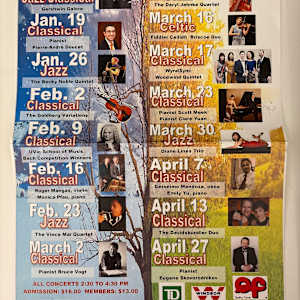 Music on Sundays Winter 2007-2017 by Miranda Sage Trio, Buff Allen, Shika Card, Penny Clarke, Michelle Cox, Pablo Diemecke, Adam Dobres, Ron Hadley, May Ling Kwok, Josh Layne, Elissa Poole, Miranda Sage, Jennifer Scott, Boris Sichon, Roy Styffe, Lisa Tahara, Toshiko Tampo, Bruce Vogt, Muriel Wellwood, Tony Wilson, Rene Worst, Dave Young, Bijoux du Bayou, Erik Abbink, Tom Ackerman, Laura Backstrom, Tony Booker, Borgy Borgerson, Emily Braden, Ken Broadway, Kenneth Broadway, Mary Byrne, Ann Elliot-Goldschmid, Karen Enns, Brenda Fedoruk, Jane Hayes, Liam Hockley, Francois Houle, Cris Inguanti, Rachel Iwaasa, Rachel Kiyo Iwaasa, Daryl Jahnke, Tom Keenlyside, Kurt Kellan, Rick Kilburn, Alexandria Le, Ken Lister, Roger Mangas, Michelle Mares, Devon McCagherty, Nick McGowan, Mark McGregor, Mark McGregor, Pat Milano, Julian Milkis, Lorraine Min, Daniel Nix, Donald Oehler, Alex Olson, Heather Pawsey, Monica Pfau, Alexandra Pohran-Dawkins, Mathew Poon, Matthew Poon, Kate Rhodes, Michelle Richard, Kara Routley, Arthur Rowe, Eugene Skovirodnikov, Joey Smith, Sharon Stanis, Wendy Stofer, Nola Strand, Ross Taggart, Avan Yu, Tom Colclough, Jamie Croil, Sara Davis Buechner, Bill Hicks, Victor Kuleshov, Anna Levy, Diane Lines, Susan Pascal, Clare Yuan, Frances Armstrong, Allison Au, Tina Chang, Alexander Dawkins, Rebecca Hissen, Kristin Hoff, Antione Joubert, May-Ling Kwok, Hugues Leclere, Pierre-Andre Doucet, Vince Mai, Scott Meek, Geronimo Mendoza, Becky Noble, Emily Yu, Sara Airoldi, Dale Barltrop, Patricia De Gabrielle, Patrick De Gabrielle, Massimo Folliero, Grace Huang, Michael Jones, Maureen Washington, Nicholas Wright, Sarah Tradewell, Mark Anderson, Jadon Cutmore, Aliayta Goon-dancoes, Marco Grieco, Jenny Gunter, Pamela Highbaugh Aloni, Robert Holliston, Louise Hung, Rebecca Kilgore, Andrea L’Heureux, Vivian Lou, Rosemary O’Connor, Charlie Porter, Reginald Quiring, Craig Scott, Rick Scott, Sherri Ulrich, Anna Vavilova, Antoine Joubert, Suzanne, Stephanie Bell, Evelyn Brendon, Alexander Dunn, Sarah Fryer, Ivonne Hernandez, Michael Jarvis, Tad Ruszel, Yoomi Snizek, Soile Stratkauskas, Barry Tan, Chris Wallace  Image: MU.2014.01.A 