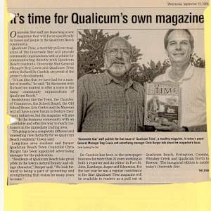 Newspaper clipping- It's Time for Qualicum's own Magazine- 2006 by Reg Cowie, Chris Burger, Richard De Candole