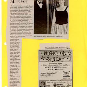Soprano and harp at TOSH/ TOSH hosts duo- News articles 12/2008 by Josh Layne, Nancy Washeim