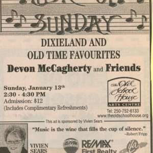Dixieland Jazz opens TOSH music on Sunday in '08 by Tom Ackerman, Devon McCagherty, Ian McDougall, Susan McLennan, Joey Smith, The Stomp Club, Ian McDougall Big Band, Don Leppard, Don Leppard Big Band, Glenn Miller Orchestra, Ron Forbes-Roberts, Tatjana Mirkov-Popovicki, Vicky Paradice  Image: total of 2 images
2 articles on one page plus one news ad on a separate page