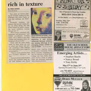 New artists' work rich in texture by Stephen Baylis, Kiff Holland, Tony Kirby, Pascal Milelli, Nancy Broad