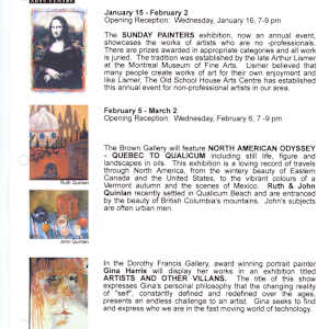 Exhibitions 2002- January to November by Mid Island floral Arts Club, Stan Kenton Orchestra, Charlotte Campbell, Mary Leigh Campbell, Chris Carter, Ted Jolda, Jason Marlow, Maureen Marshall, Carmen Mongeau, Patricia Nelson, Lynn Orriss, Ruth Quinlan, John Quinlan,, Jonathan Rout, Nicholas Pearce, Gina Harris, Ron Robertson, Miyuki Shinkai, Shane Brandel, Willie Seo, Evelyn Seo, George Setterfield, Carol Slater, Graham Wallace, Don White, Jennifer Judge, Marion Espin, Qualicum Weavers and spinners Guild, Nanoose Weavers and Spinners Guild, Thursday Spinners, Mount Arrowsmith Needle Arts guild, Lily Bohlin