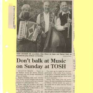 Don't balk at Music on Sunday at TOSH by Tony Booker, Alex Olson, Rainer Roth