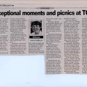 Exceptional moments and picnics at TOSH - 2000 by Anne-Marie Beale, Martin Bradpiece, Merv Brandel, Colleen Butcher, Audrey Cameron, Mary Leigh Campbell, Don Emerson, Jean Grant Horner, Pat Holland, Walter Hughes, Helene Macintosh, Jason Marlow, Sandra Martens, Don Mcleod, Lynn Orriss, Jonathan Rout, Marguerite Stevens, Elaine Thompson Hunter, Elena Travanut, Jack Whelan, Nancy Whelan