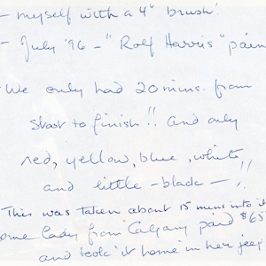 Pauline Pike personal archives 1996 by Dan Gray  Image: Pauline's notes on Rolf Harris Paint-In