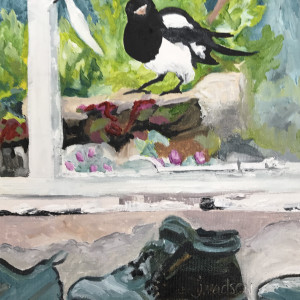 Daddy Magpie teaching young ones  by Judith Madsen