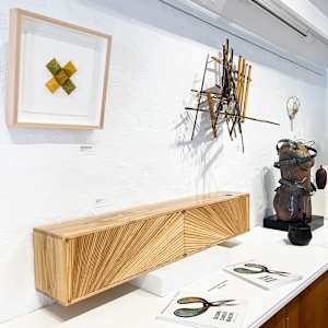 Stoneleigh Bottlebrush Buckeye Oblique Truncated Pyramids by Jody Graff  Image: Peters Valley School of Craft Gallery: Second Career Makers ⁠installation (top left Stoneleigh Bottlebrush Buckeye Oblique Truncated Pyramids). Photo by Peters Valley Gallery.