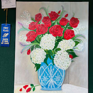 Roses and Hydrangeas in Crystal Vase by Ellen Waller