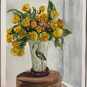 Vase with Bird & Yellow Roses by Marsha Blount