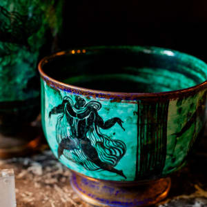 Set of 2 Glazed and Gilt Stoneware Vessels by Jean Mayodon 