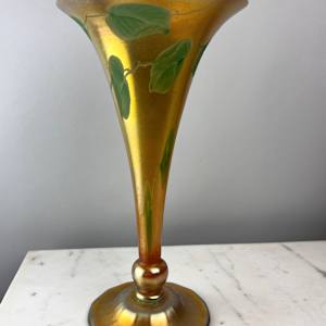 Tiffany Studios Gold Favrile Glass Trumpet Vase with leaf and vine decoration by Tiffany Studios, Louis Comfort Tiffany 