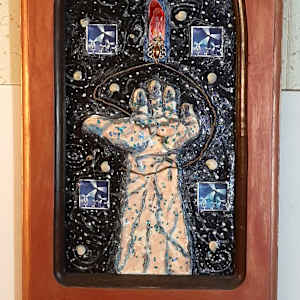 Ode to Vulcan (From "Our Book of Common Faith", series) mixed media, $400.  Buyer pays shipping.  Prints available, contact artist. by Stephen Mead  Image: Full piece showing shelf-altar