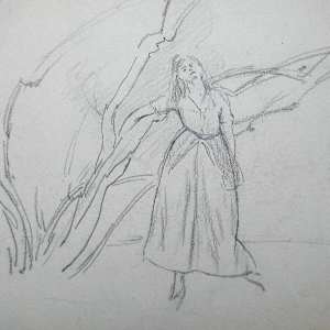 Pencil drawing of a standing figure with a tree by Franklin White