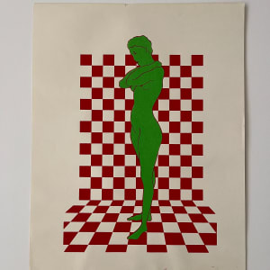 1970s Silkscreen Woman on Checkered Background Red & Green" by Unknown 