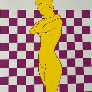 1970s Silkscreen Woman on Checkered Background Purple & Yellow" by Unknown 