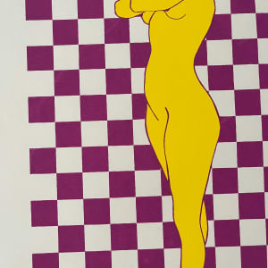 1970s Silkscreen Woman on Checkered Background Purple & Yellow" by Unknown 