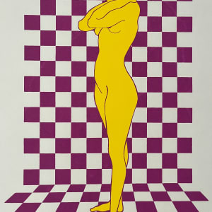 1970s Silkscreen Woman on Checkered Background Purple & Yellow" by Unknown 