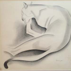1934 Signed Cat Pencil Drawing 
