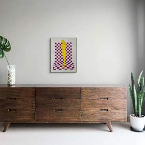 1970s Silkscreen Woman on Checkered Background Purple & Yellow" by Unknown 