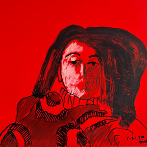 1970 "Muse on Red" Mixed Media Portrait of a Woman American Modernist Jack Hooper by Jack Hooper