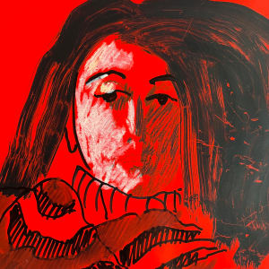 1970 "Muse on Red" Mixed Media Portrait of a Woman American Modernist Jack Hooper by Jack Hooper 