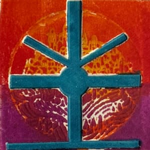 1960s "Temple Mount" Purple to Orange Collagraph by Myril Adler 