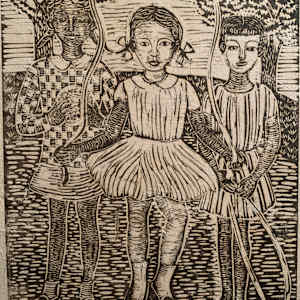 1960 Linocut "3 Girls Playing" Margaret T Burroughs by Margaret Burroughs