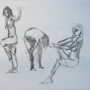 3 Female Nudes Charcoal Drawing 8 by Unsigned 