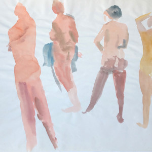 1970s 4 Female Nudes Watercolor "Touch of Blue" by Thelma Corbin Moody 