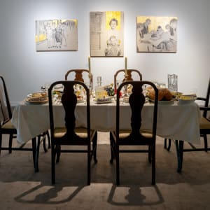 05. Beyond the Whitewash Exhibition July 7, 2023 by Shelby Head  Image: Thanksgiving Dinner, Shelby Head; Surrounded by Herron Ladies at the Camphouse, Mama & Me at Onapa, Martin Family Prayer (The Prayer), Bobby Martin, (Mvskoke Creek)