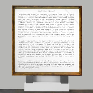 05. Beyond the Whitewash Exhibition July 7, 2023 by Shelby Head  Image: Land Acknowledgement, Welana Fields Quetoh, Phetote Mshairi, Shelby Head; Frame, Shelby Head