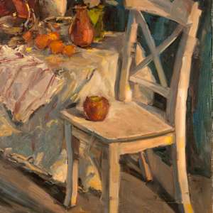 White Chair with Blue Drape by Stephanie Amato, Image 1.