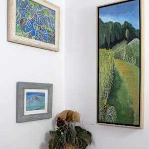 Grassy Path by Janet Herman  Image: In situ - Grassy Path as framed, shown with Blue Leaves Aspen and Heron Flight (sold) 