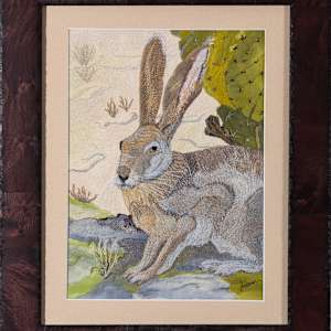 Antelope Jackrabbit by Janet Herman  Image: As framed in mahogany, when sold. 