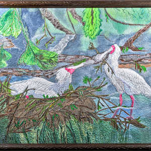 Spoonbills Nesting by Janet Herman  Image: Spoonbills Nesting, with mahogany frame