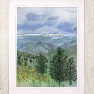 The Blue Ridge by Janet Herman  Image: Rolling hills that fade off into storm clouds. As framed, when sold. 
