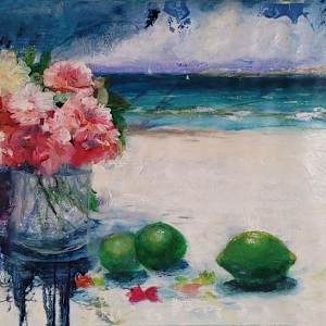 Flowers and Limes on Beach by Kim Denice Clark